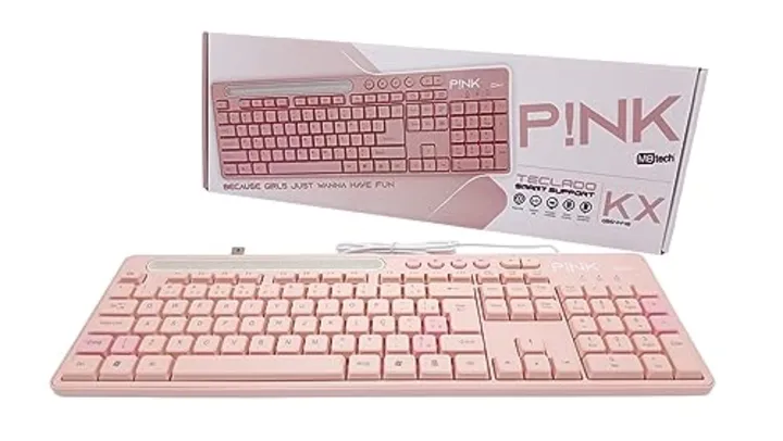 Teclado Rosa para Escritório Games Multifunção com Suporte de Celular