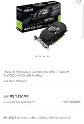 Placa De Vídeo Asus Geforce Gtx 1050 Ti 4Gb Ph-Gtx1050ti-4G Gddr5 | R$1135