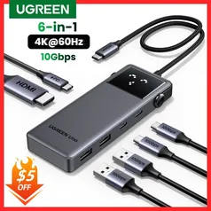 [Moedas R$ 69,12 / Taxa Inclusa / APP] Hub 6 em 1 UGREEN PD100W, 10Gbps, USB 3.2, Usb-C- Hdmi 4K60Hz