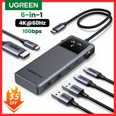 [Moedas R$ 69,12 / Taxa Inclusa / APP] Hub 6 em 1 UGREEN PD100W, 10Gbps, USB 3.2, Usb-C- Hdmi 4K60Hz