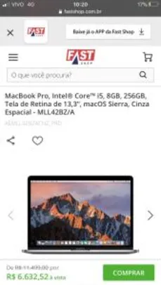 MacBook Pro, Intel® Core™ i5, 8GB, 256GB, Tela de Retina de 13,3” | R$6.632