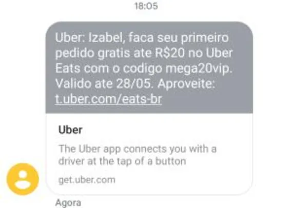 (Primeira compra) [Usuários selecionados] Pedido grátis até 20 reais UberEats