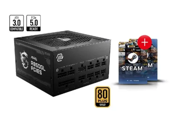 [APP] Fonte MSI MAG A850GL PCIE5, ATX 3.0, 850W, 80 PLUS Gold, Modular, PCIe 5.0, PFC Ativo, Bivolt, Preto + Gift Card Steam USD $20