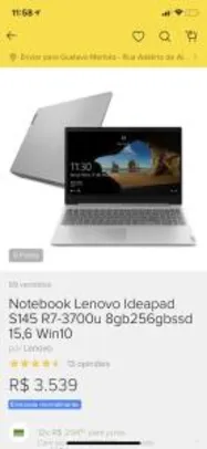 Notebook Lenovo Ideapad S145 R7-3700u R$ 3539