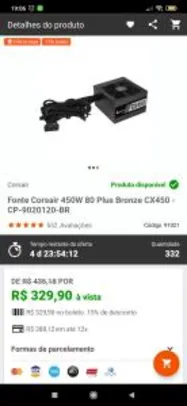 Fonte Corsair 450W 80 Plus Bronze CX450 R$330