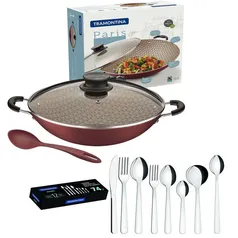 Panela Wok Tramontina Paris 32cm c/ Colher + Faqueiro Tramontina Malibu 74p | R$196