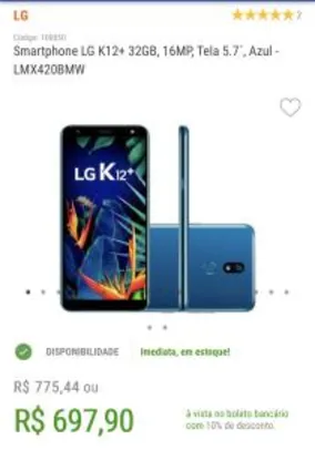 Smartphone LG K12+ 32GB, 16MP, Tela 5.7´, Azul - R$698