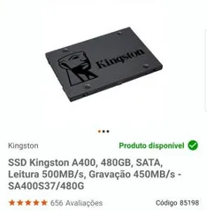 SSD Kingston A400, 480GB, SATA, Leitura 500MB/s, Gravação 450MB/s - SA400S37/480G