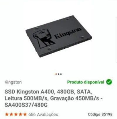 Saindo por R$ 290: SSD Kingston A400, 480GB, SATA, Leitura 500MB/s, Gravação 450MB/s - SA400S37/480G | Pelando
