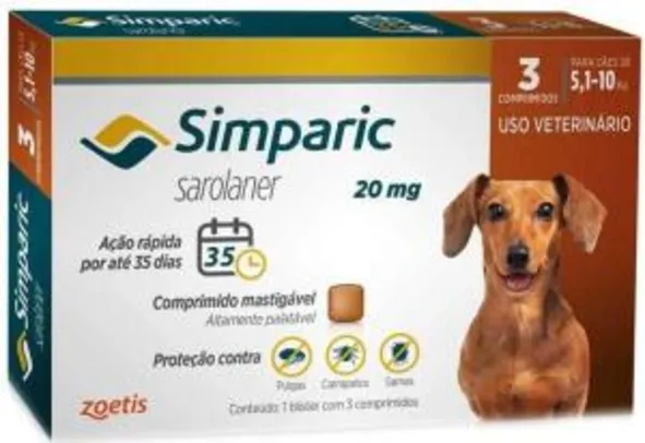 Simparic 20mg Anti Pulga E Carrapato Cães de 5,1 a 10kg 3 Comprimidos | R$129