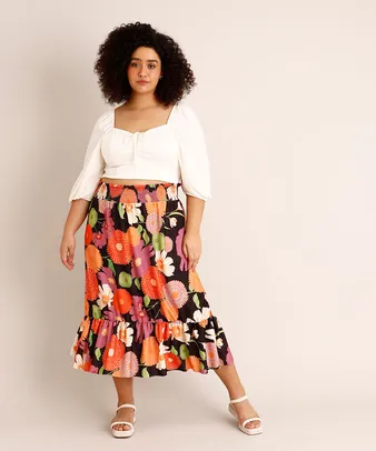 Saia Plus Size Midi Estampada Floral com Lastex e Babado Preta - GG3