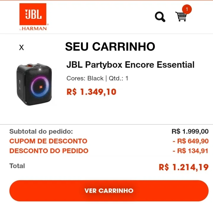 JBL Partybox Encore Essential - Primeira Compra + Boleto - No Cupom