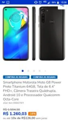 Smartphone Motorola Moto G8 Power Preto Titanium 64GB, Tela de 6.4” R$1260