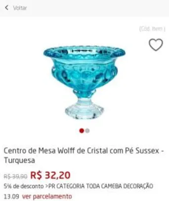 Centro de Mesa Wolff de Cristal com Pé Sussex - Turquesa | R$31