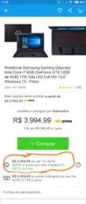 Notebook Samsung Gaming Odyssey Intel Core i7 8GB (GeForce GTX 1050 de 4GB) 1TB Tela LED Full HD 15,6" Windows 10 - Preto - R$ 3995