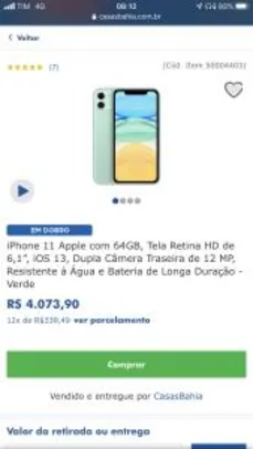 iPhone 11 Apple com 64GB, Tela Retina HD de 6,1” R$ 4074