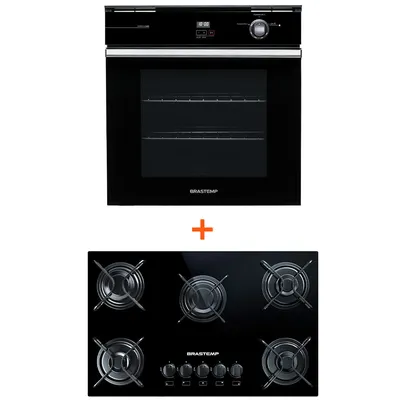 Combo Cooktop 5 bocas Brastemp + Forno de embutir a gás Brastemp 78 litros Preto (BDD75AE + BOA84AE)