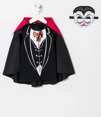 Camiseta Infantil Fantasia do Drácula com Capa e Máscara - Tam 1 a 5 anos Preto