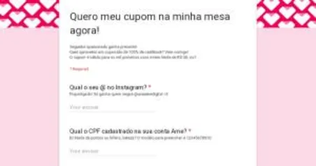 [100% AME] Cupom de 100% de cashback liberado no Instagram