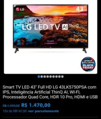 Smart TV LED 43" Full HD LG 43LK5750PSA com IPS, Inteligência Artificial ThinQ AI,- R$1470