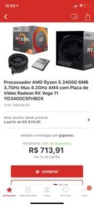 [R$673 AME] Processador AMD Ryzen 5 3400G 6MB 3.7GHz Max 4.2GHz AM4 com Placa de Vídeo Radeon RX Vega 11 YD3400C5FHBOX R$714