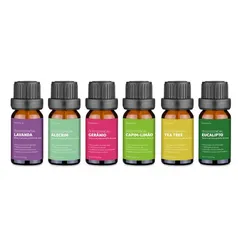 KIT Com 6 Óleos Essenciais Lavanda Alecrim Gerânio Capim-limão Tea Tree e Eucalipto - HC165