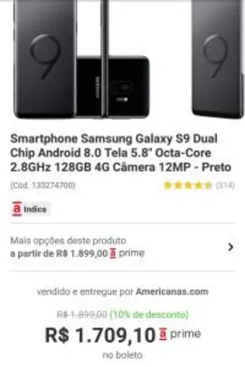 Samsung galaxy s9 128gb R$1709,10 no boleto pelo APP Americanas