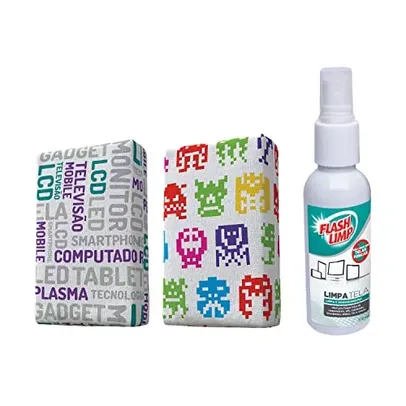 Kit 2 Esponjas Microfibra e 1 Limpa Telas Spray 120ml - Estampas Sortidas, Flash Limp