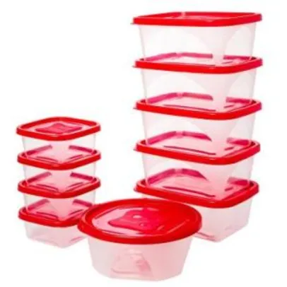 Conjunto de Potes 10 peças com Tampas, Excelente Sistema de Vedação Ideal para Armazenar, Esquentar* ou Congelar os Alimentos cor Vermelha - Jaguar - R$13