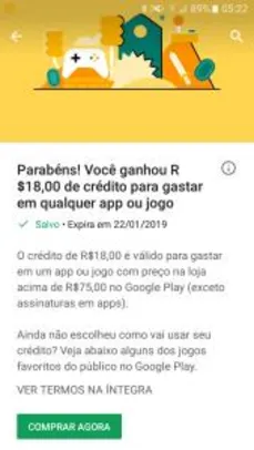 R$18 OFF acima de R$75 no Google Play