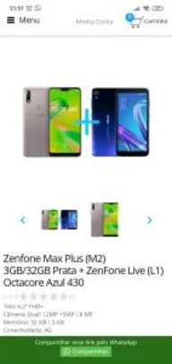 Saindo por R$ 799: Zenfone Max Plus (M2) 3GB/32GB Preto + ZenFone Live (L1) Octacore Azul 430 | R$799 | Pelando