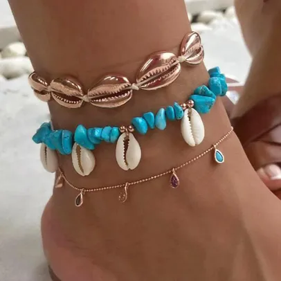 3pcs/sets Bohemian Shell Stone Anklets for Women Beach Wtar 