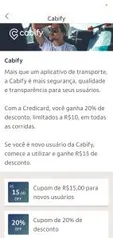 20% OFF em Corridas na Cabify pagando com Credicard