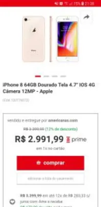 Iphone 8 64GB Dourado Tela 4.7" IOS 4G Câmera 12MP - Apple | R$2.992