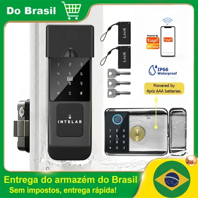 [BR | Moedas] Fechadura Eletrônica Inteligente INTELAR Externa Tuya c/ Desbloqueio Biométrico, Impressão Digital, Cartão IC, Senha, App e Chave, IP66