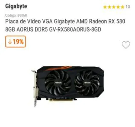 Placa de Vídeo VGA Gigabyte AMD Radeon RX 580 8GB AORUS DDR5 GV-RX580AORUS-8GD - R$1099