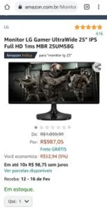 Monitor LG Gamer UltraWide 25" IPS Full HD - R$987