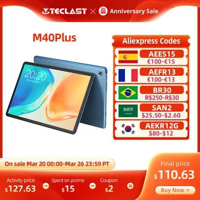 Tablet Teclast M40 Plus - 10,1', resolução 1920x1200, 128/8GB