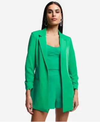 Blazer Alongado de Alfaiataria em Crepe com Rugas nas Mangas Verde