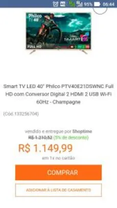 Smart TV LED 40" Philco PTV40E21DSWNC Full HD com Conversor Digital 2 HDMI 2 USB Wi-Fi 60Hz - Champagne - R$ 1.150