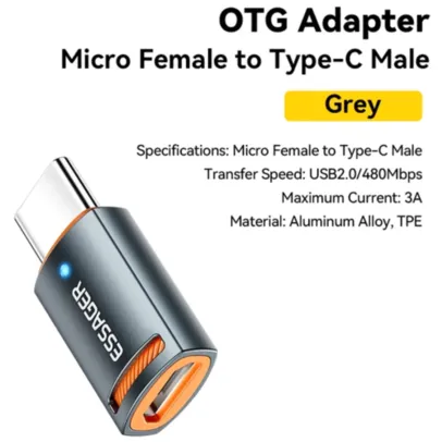 Essager Adaptador OTG, Micro Fêmea para Tipo-C, Conversor para Mac, Android, Iphone