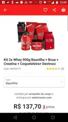 Kit 2x Whey 900g Baunilha + Bcaa + Creatina + Coqueteleira+ Dextrozz - R$138 (ou R$96 com Ame)