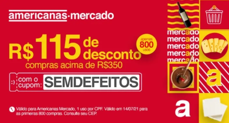 [APP/MERCADO] R$115 de desconto a partir de R$350 em compras | -R$115