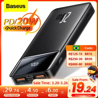 Baseus Power Bank 10000mah Carregador Portátil 