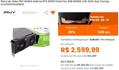 Placa de Video PNY NVIDIA Geforce RTX 3060Ti Dual Fan, 8GB GDDR6, LHR