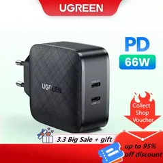 Carregador Rápido 66W - UGREEN USB PD [Tomada Padrão Europeu] + Brinde