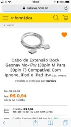 Cabo de Extensão Dock Geonav Mc-17w (30pin M Para 30pin F) Compatível Com Iphone, iPod e iPad Itw - R$ 1