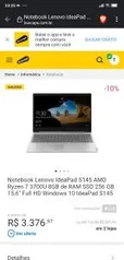 Notebook Lenovo Ideapad S145 AMD Ryzen 7 8GB W10 SSD 256GB 15.6 Prata | R$ 3.377