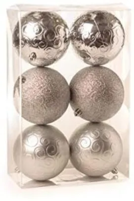 [Prime] Kit 6 Bolas De Natal Arabesco Brilho - Mate E Glitter Prata 10 Cm | R$23