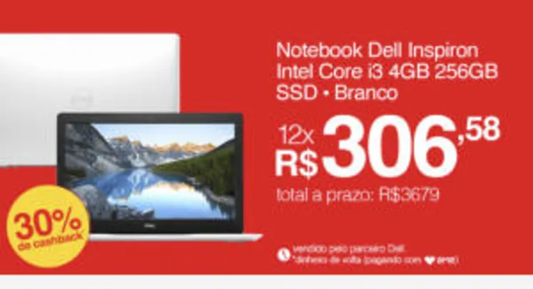 Notebook Dell Inspiron i15-3584-M20B 7ª Geração Intel Core i3 4GB 256GB SSD 15.6" Windows 10 McAfee Branco [AME R$2.576]